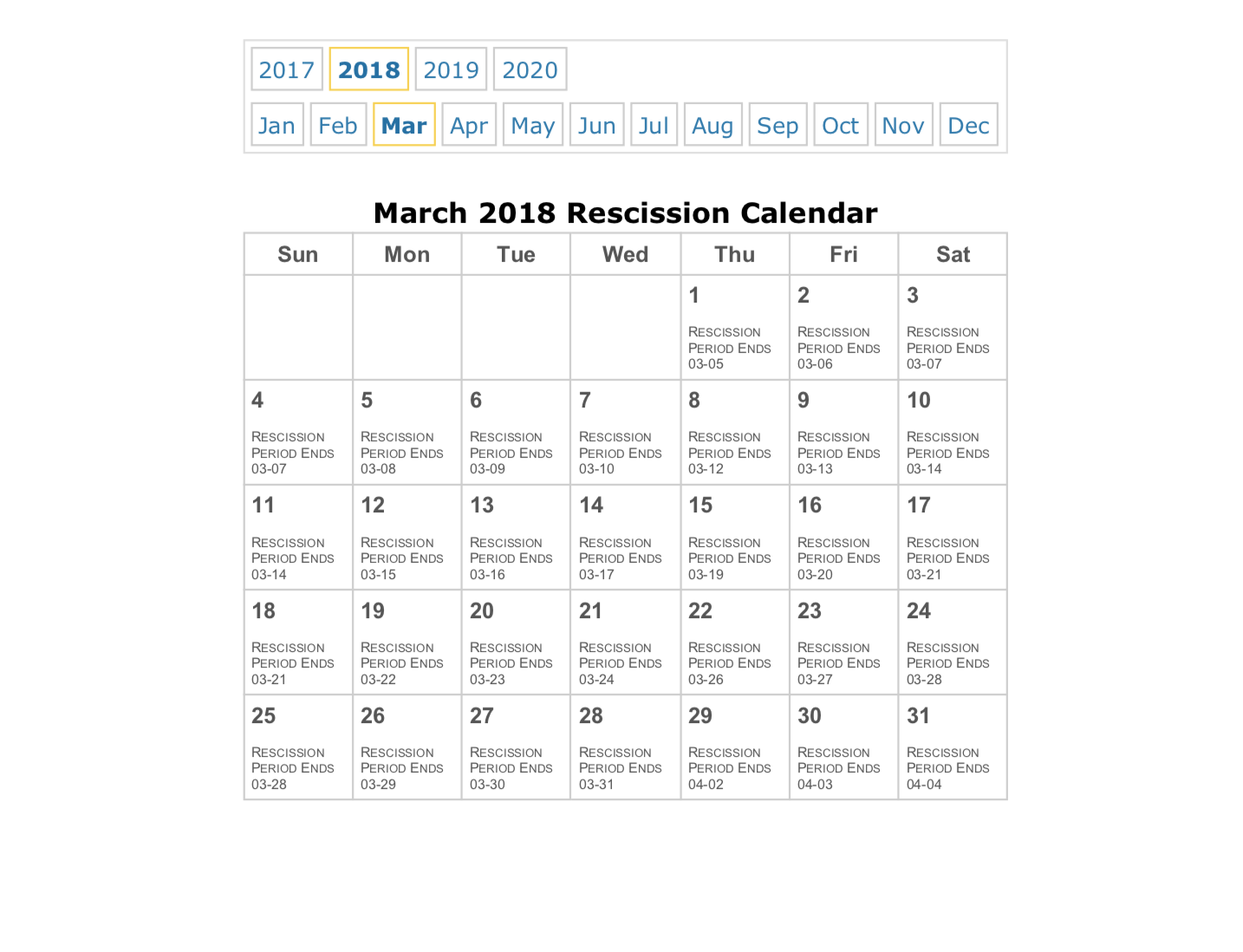 Notary Rescission Calendar